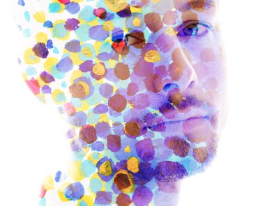 A portrait of a young man merged with a colorful painting, Paintography.