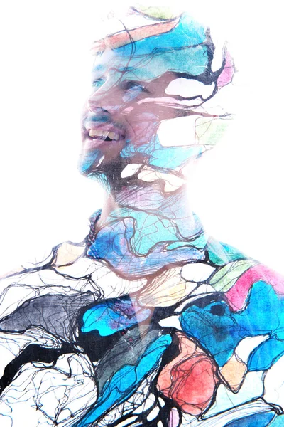 Художественный Портрет Двойной Экспозиции Человека Смотрящего Вдаль Сочетании Красочной Абстрактной — стоковое фото