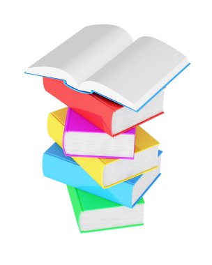 Açık kitap ile çok renkli kitap yığını