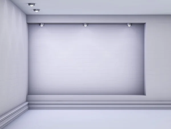 3D prázdný výklenek s reflektory pro výstavu v šedý interiér. — Stock fotografie