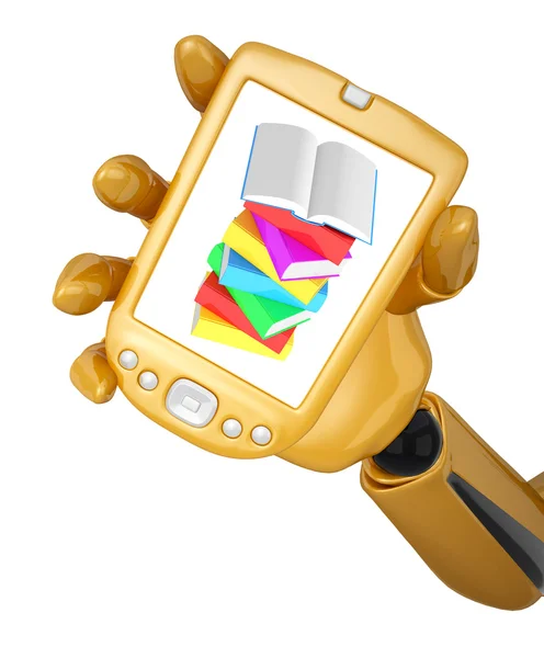 Robotic hand håller en mobiltelefon med stack av mångfärgade bok — Stockfoto