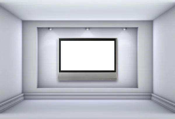 Nicho 3d com holofotes e tv lcd vazio para exposição no gre — Fotografia de Stock
