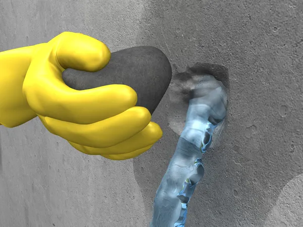 La mano con guantes amarillos puso el tapón (cemento extra rápido) en el agujero —  Fotos de Stock