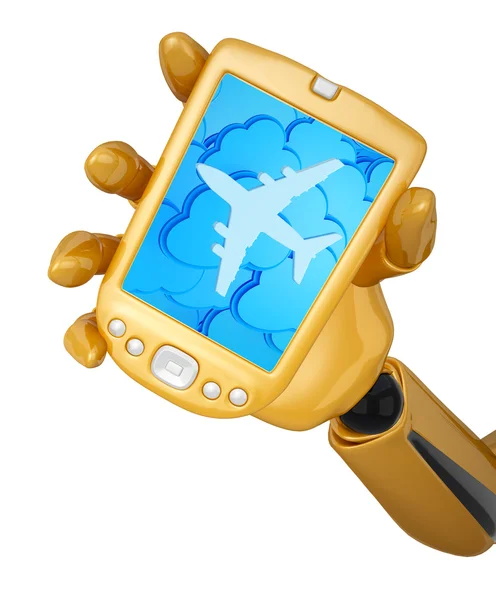 Robotic hand hold a mobile phone with clouds and silhouette of j — Stock Photo, Image