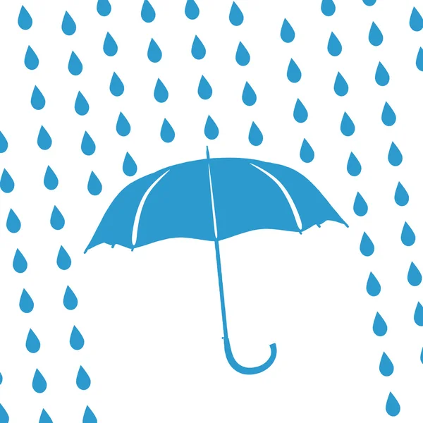 Paraguas azul y gotas de lluvia — Vector de stock