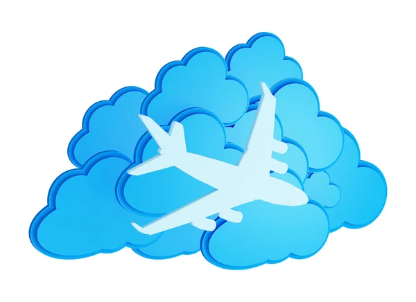 3d clouds with silhouette of jet airliner icon isolated on white — Stock Photo, Image