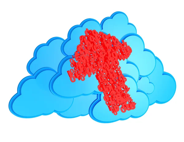 Upload arrow transfer symbol made from numbers and blue clouds o — Stock Photo, Image