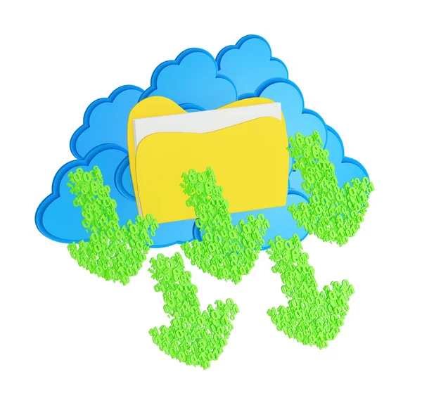 Blue clouds with folder and Green download arrows made from numb — Stock Photo, Image