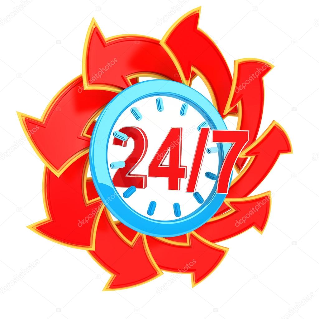 Twenty four hour seven days a week service sign with red arrows
