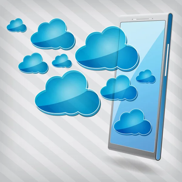 Cellulare con icone di cloud computing blu su un dorso a righe — Vettoriale Stock