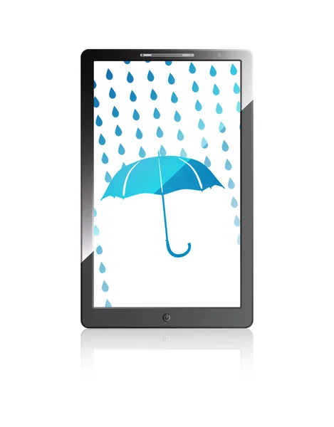 Cellulare con ombrello blu e gocce di pioggia — Vettoriale Stock
