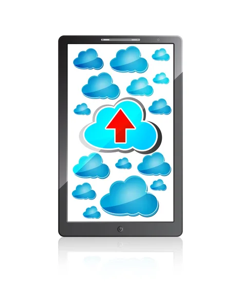 Mobile phone with blue clouds and red upload arrow on a white ba — Stock Vector