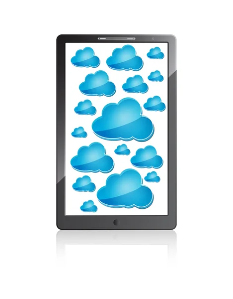 Teléfono móvil con nubes azules sobre fondo blanco — Vector de stock