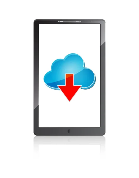 Mobile phone with blue cloud computing icon and red arrow on a w — Stock Vector