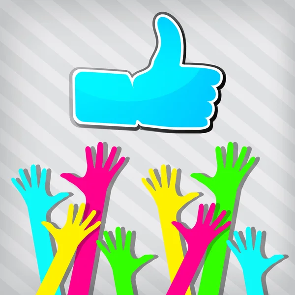 Mani felici con simbolo "Mi piace" su sfondo a righe — Vettoriale Stock