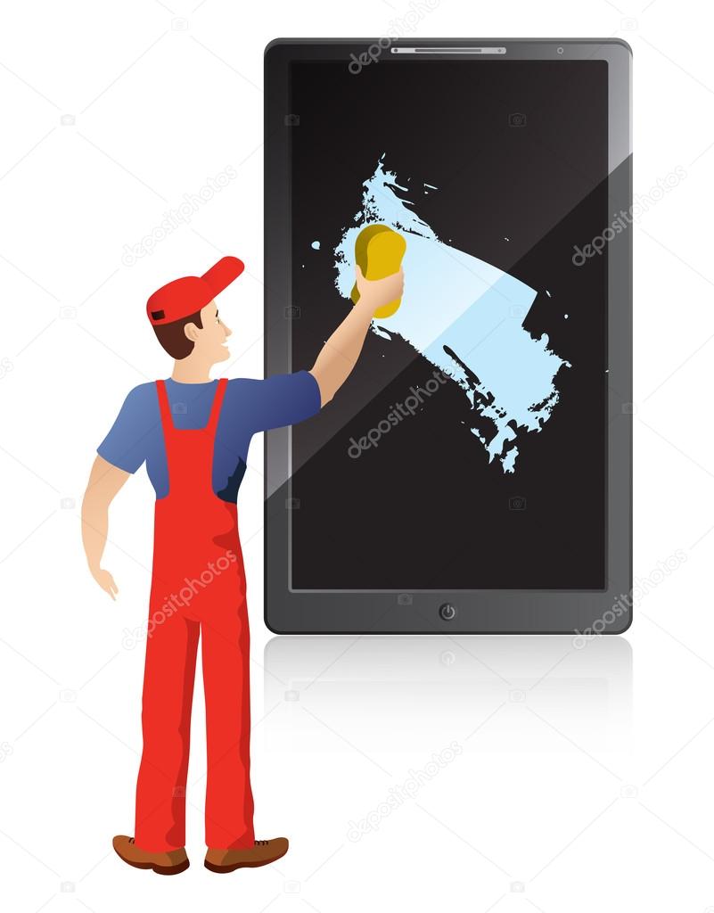 Worker washing screen of mobile phone