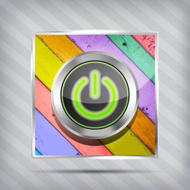 Yeşil güç düğmesi simgesi üzerinde renkli ahşap çizgili adam