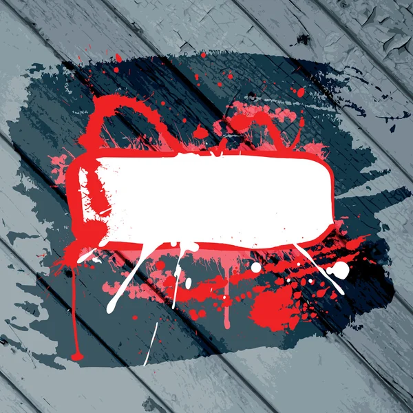 Cadre grunge rouge avec éclaboussures sur un fond en bois dénudé — Image vectorielle