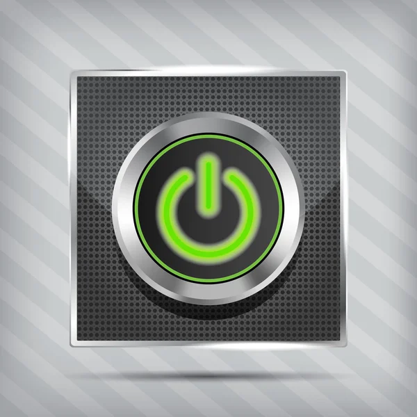 Metallisches grünes Power-Button-Symbol auf dem gestreiften Hintergrund — Stockvektor