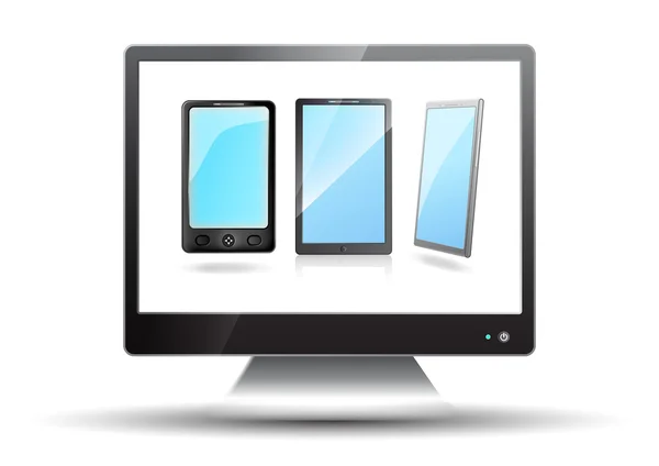 Televisore a schermo piatto con telefoni cellulari su sfondo bianco — Vettoriale Stock