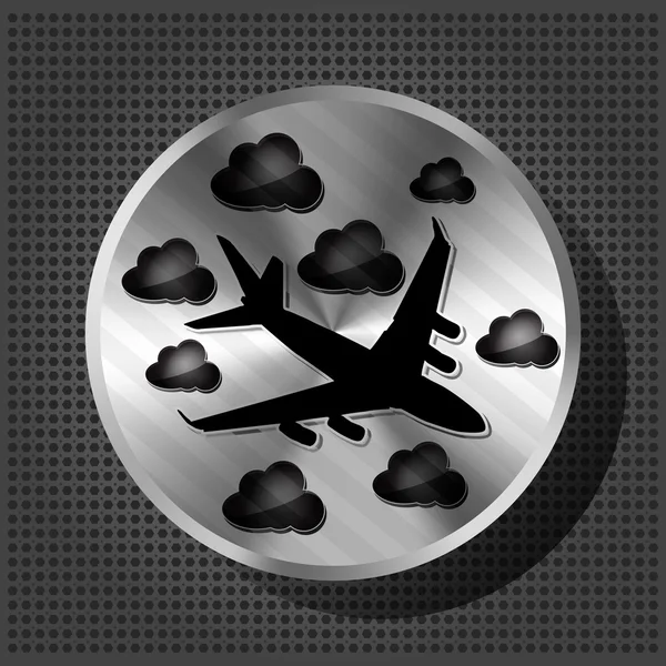 Chrome volume knob with airplane and clouds on the metallic back — Stock Vector