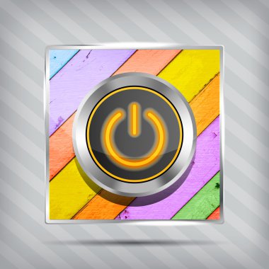 Turuncu Güç düğmesi simgesi üzerinde renkli ahşap çizgili backgrou