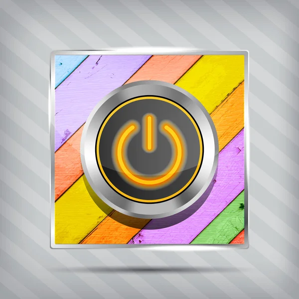Orange power button icon on the colorful wooden striped backgrou — Stock Vector