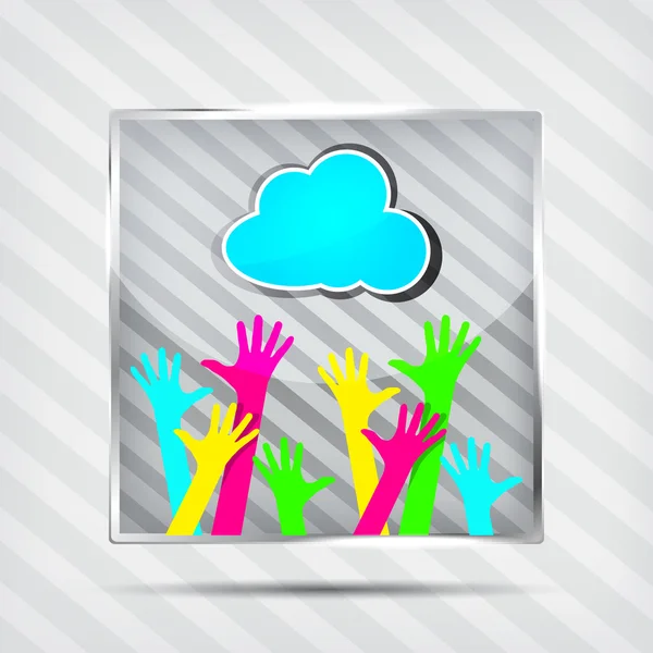 Icono con manos felices y nube azul en el fondo rayado — Vector de stock