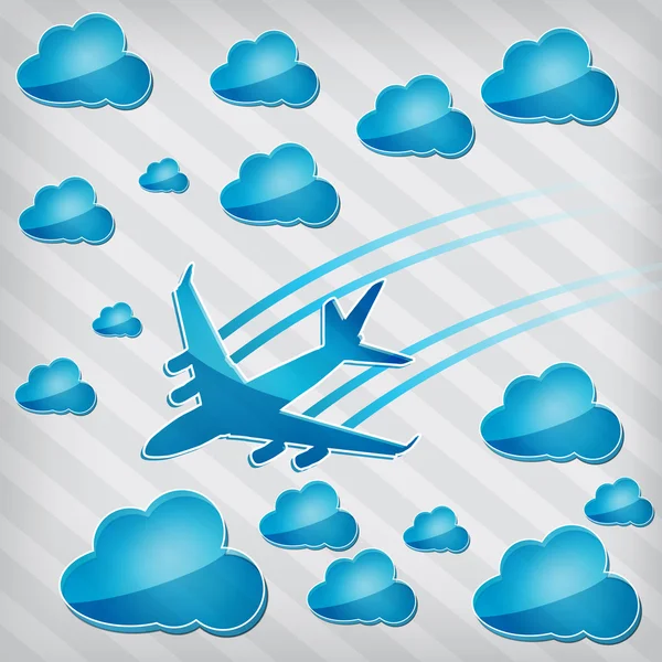 Airplane in the air with blue clouds on a striped background — Stock Vector