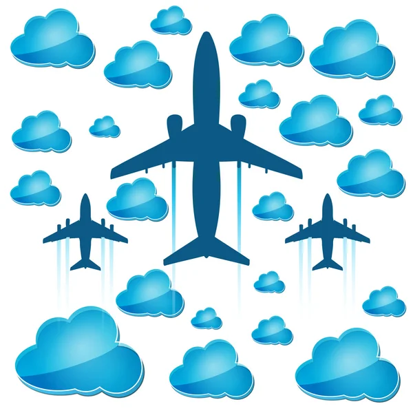 Silhouettes of airplanes in the air with blue clouds — Stock Vector