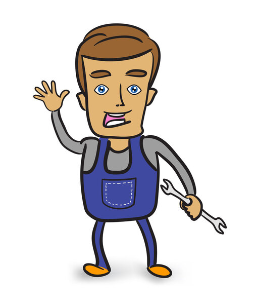 Cartoon mechanic holding a wrench.