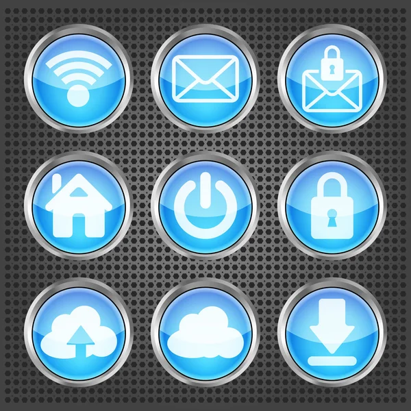 Ensemble d'icônes web bleues sur fond métallique — Image vectorielle