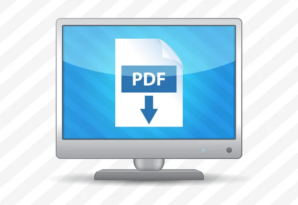 Flat screen tv met pdf download pictogram op een gestreepte achtergrond — Stockvector