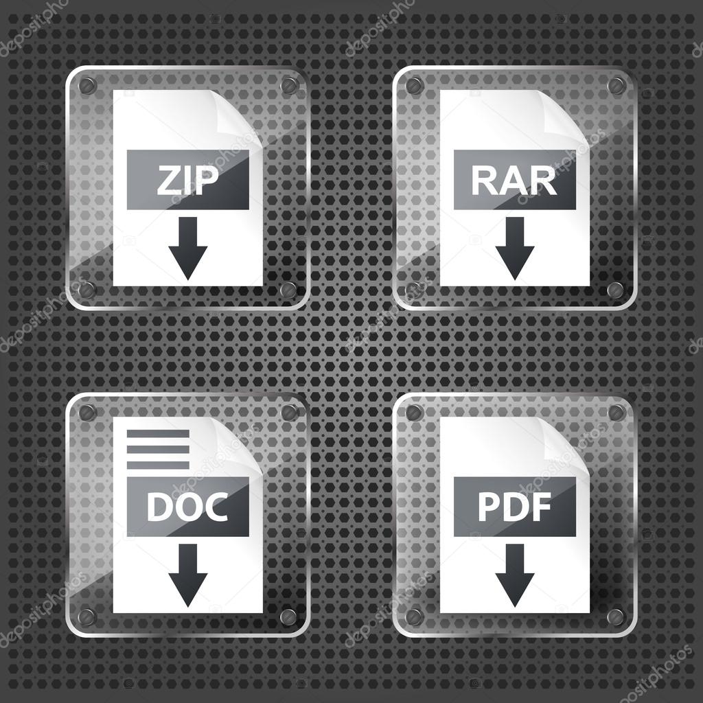 set of transparency rar, zip, doc and pdf download icons on a me