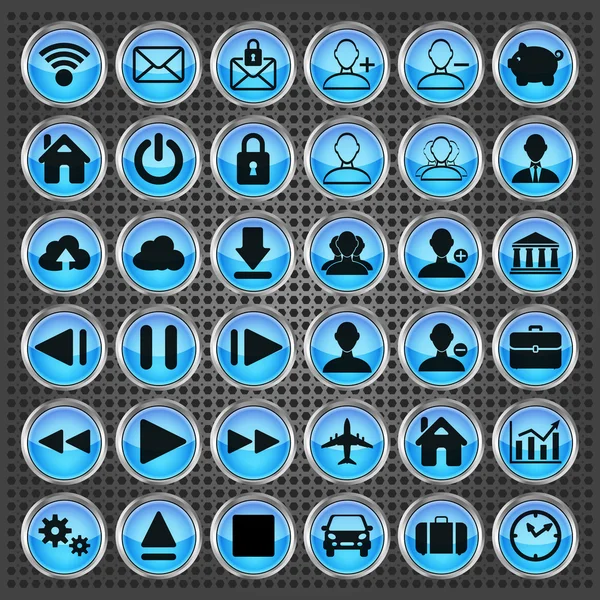 Set di icone blu web, multimediali e aziendali su sfondo metallico — Vettoriale Stock