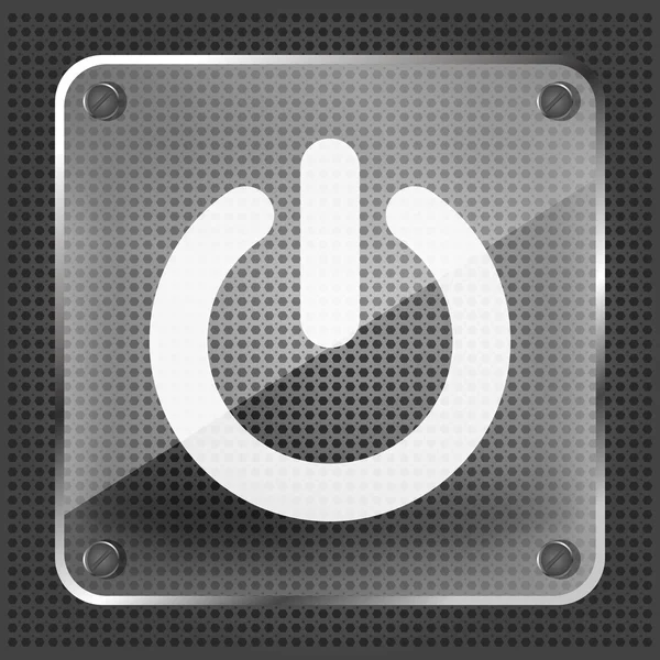 Icono del botón de encendido de vidrio sobre un fondo metálico — Vector de stock