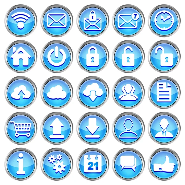 Conjunto de iconos web brillantes azules sobre un fondo blanco — Vector de stock