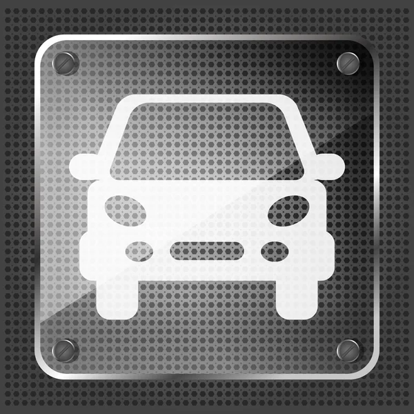 Icono del botón del coche de cristal sobre un fondo metálico — Vector de stock