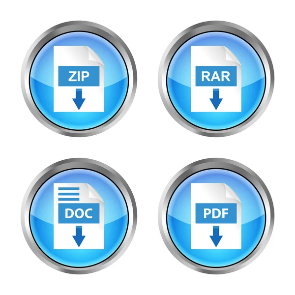 Conjunto de rar azul, zip, doc y pdf descargar iconos sobre un fondo blanco — Archivo Imágenes Vectoriales