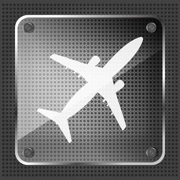 Icono de avión de vidrio sobre un fondo metálico — Vector de stock