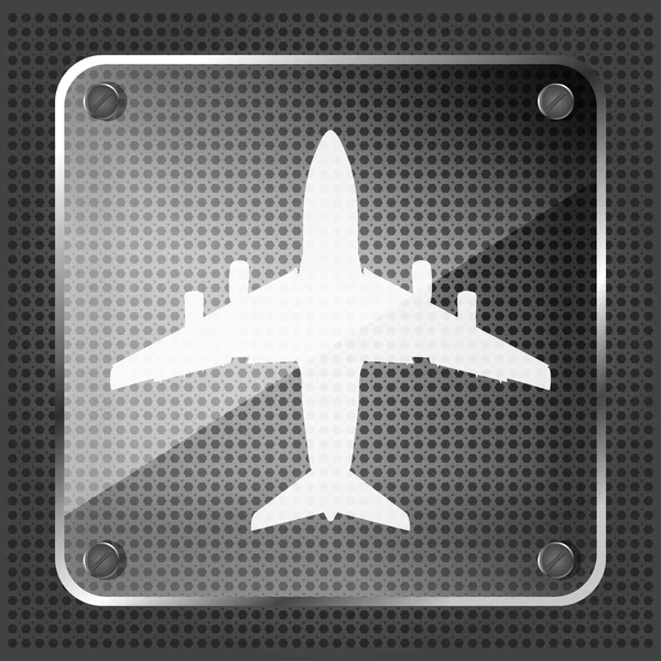 Glass airplane icon on a metallic background — Stock Vector