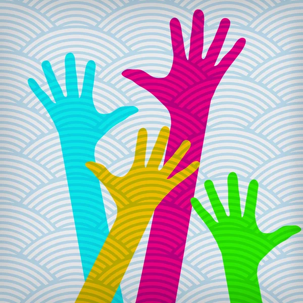 Happy colored hands on the waved background - Stok Vektor