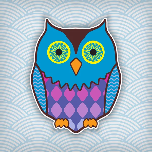 Cute motley owl on a waved background — Stock Vector