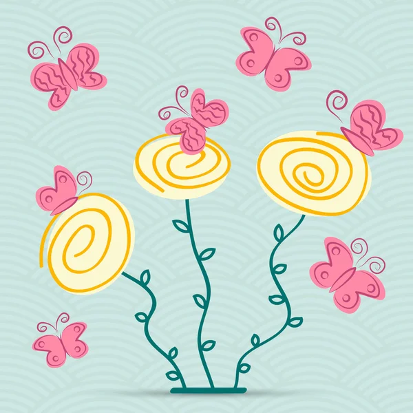 Fleurs abstraites de printemps avec des papillons sur un fond ondulé — Image vectorielle