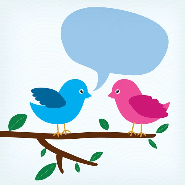 Dos pájaros con burbuja de mensaje sentados en una rama de árbol — Archivo Imágenes Vectoriales