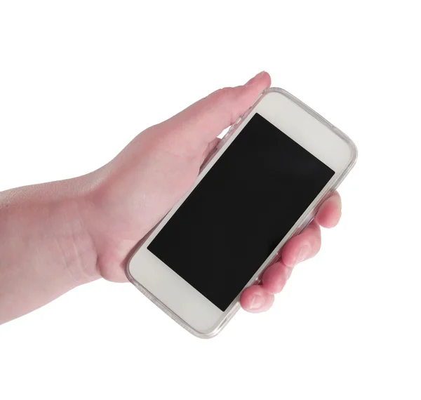 Kobieta strony Wyświetlono inteligentny telefon z ekranem na białym tle — Zdjęcie stockowe