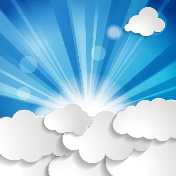Sonne mit Strahlen und Wolken auf blauem Hintergrund — Stockvektor