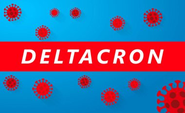 Mavi arka planda DELTACRON COVID-19 Roman Coronavirus hakkında son dakika haberi. Corona Virüs Hastalığı 2019-nCoV Pandemik Koruma Konsepti