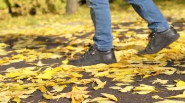 Siyah ayakkabılı çocuk parkta yürürken yaprakları tekmeliyor.