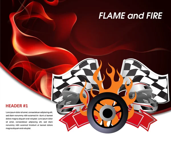 Affiche de course avec flammes de feu et drapeau de course — Image vectorielle